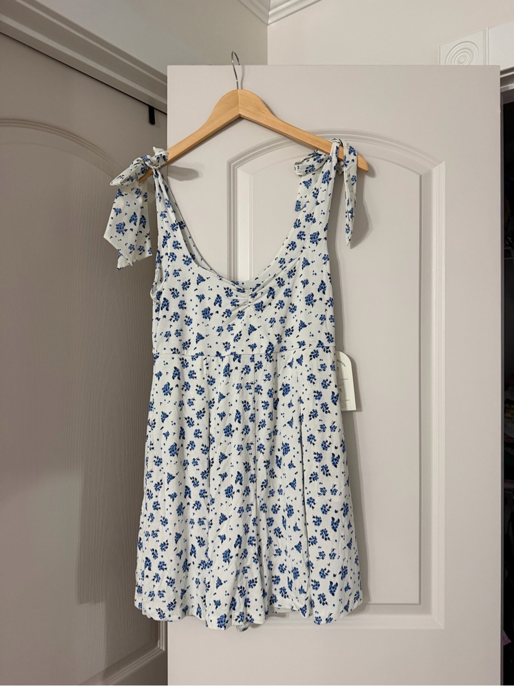White & Blue Floral Tie-Shoulder Romper